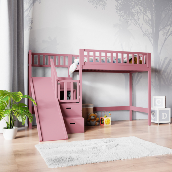 różowe łóżko dla dziewczynki na antresoli ze schodkami i ślizgawką